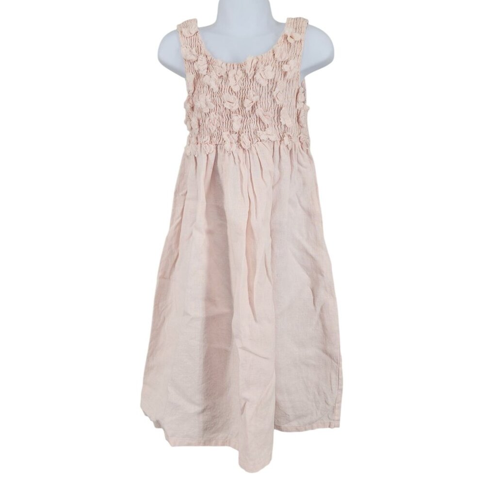 Girls Rosetta Millington Pink Linen Smocked 3D Flowers Floral Maxi Dress 6 USA